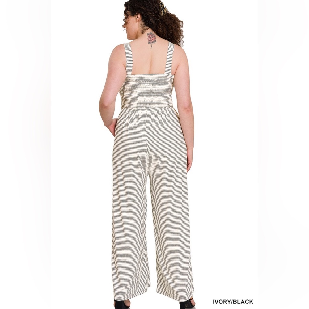 NWT! Sale 🍇 PLUS SMOCKED STRIPED WIDE LEGG JUMPSUIT BLACK IVORY STRIPES POCKETS - Picture 3 of 4